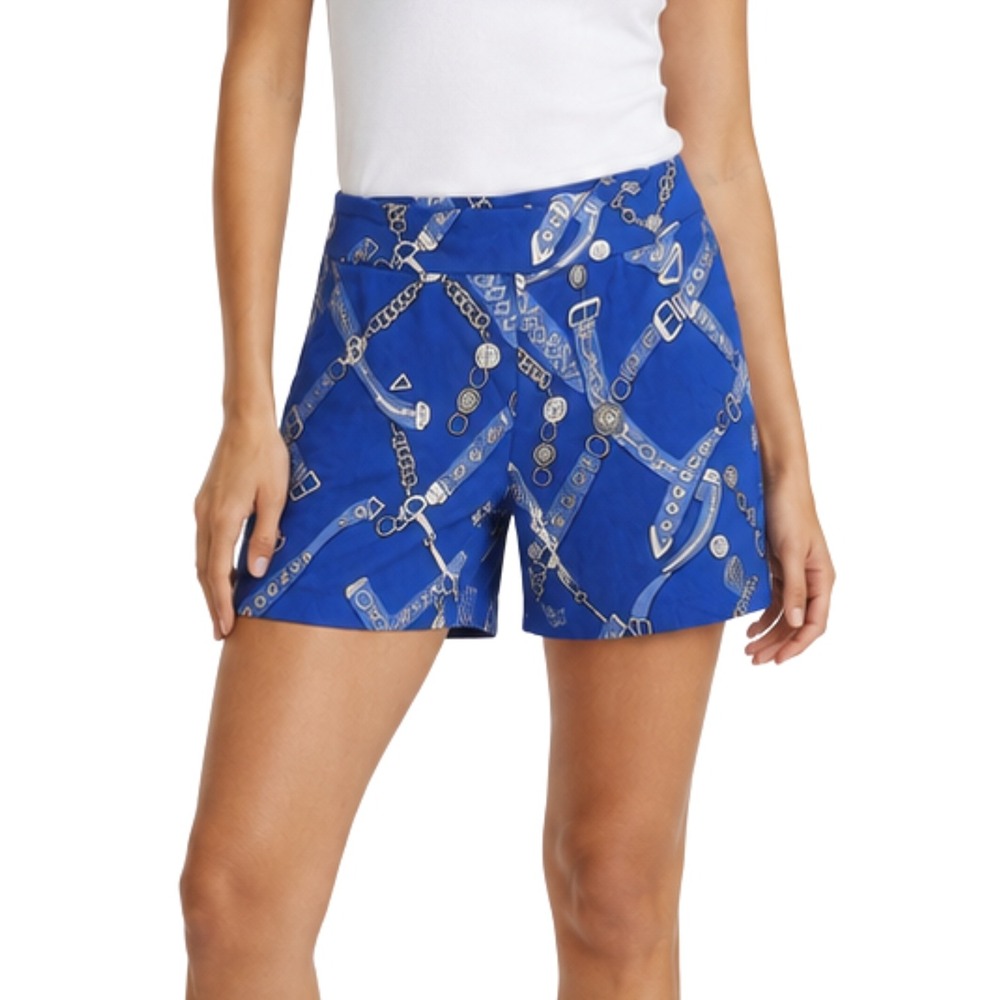 J.McLaughlin Shorts Size 14 Lexi Blue Equestrian Belt Chain Print Catalina Cloth